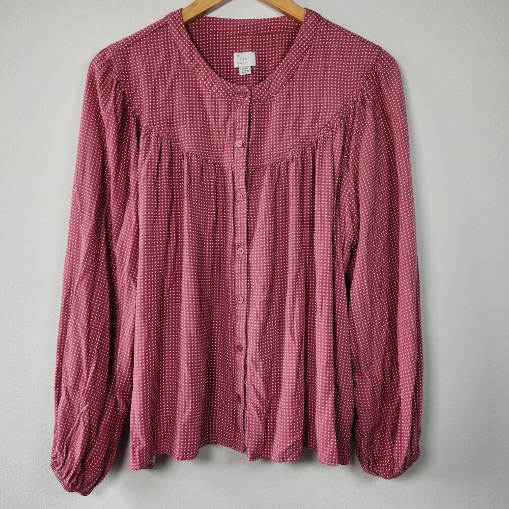 A New Day Long Balloon Sleeve Button Up Blouse Womens XXL Pink Polka Dot Boho